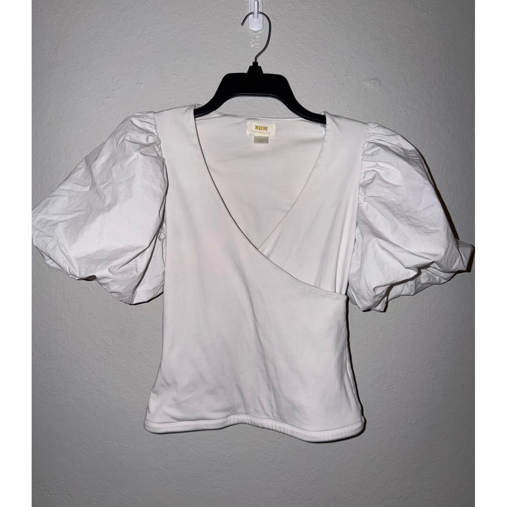Maeve Anthropologie White Puff Sleeve Wrap Top V-Neck Mixed Media XS
